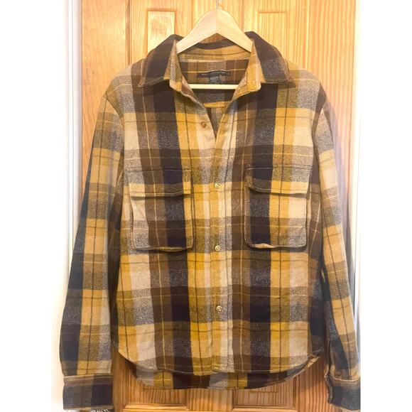FRENCH CONNECTION Caty Checked Shacket Gold Wool Women’s Large - Picture 1 of 8